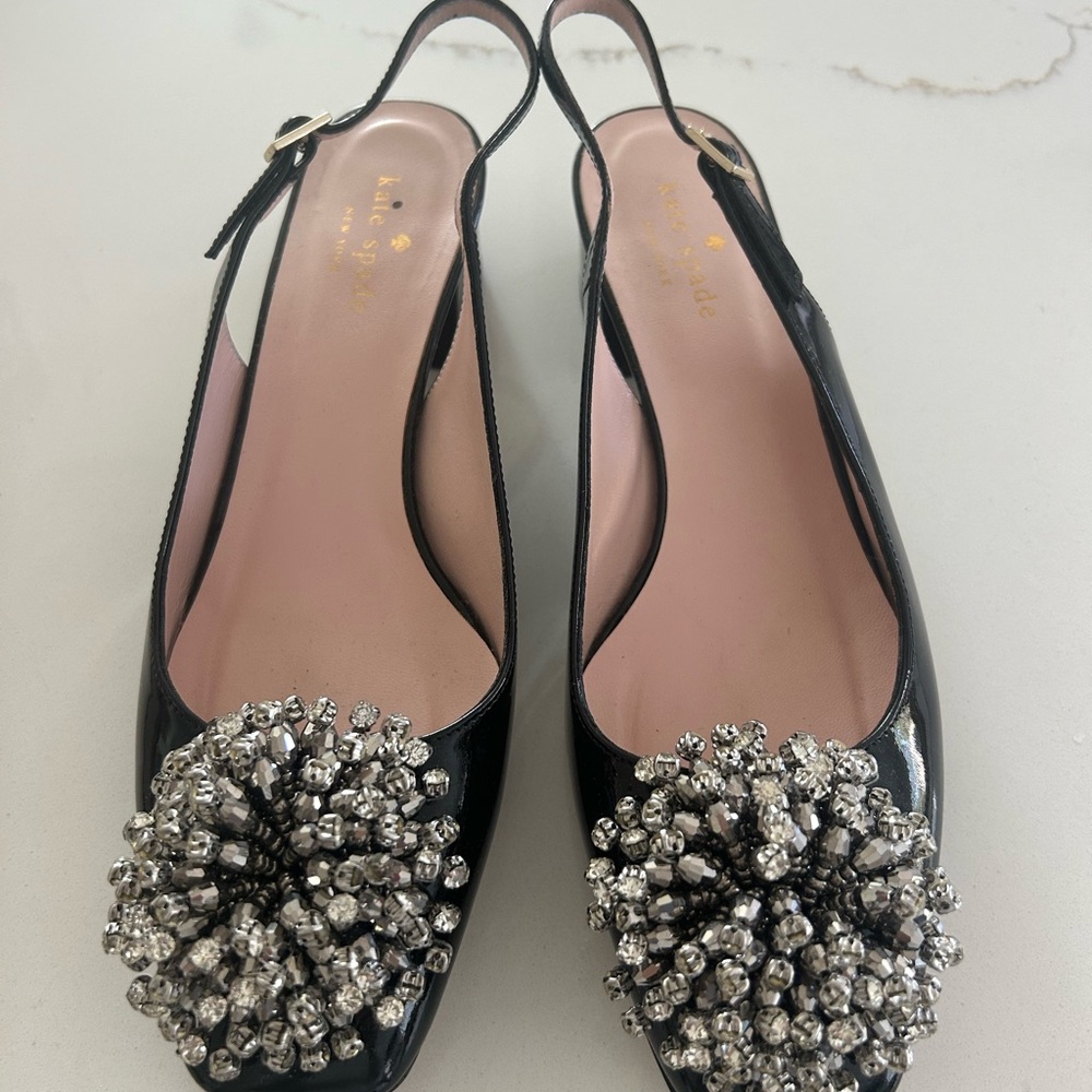 Kate Spade Black patent slingback with beaded Crystal Embellishments